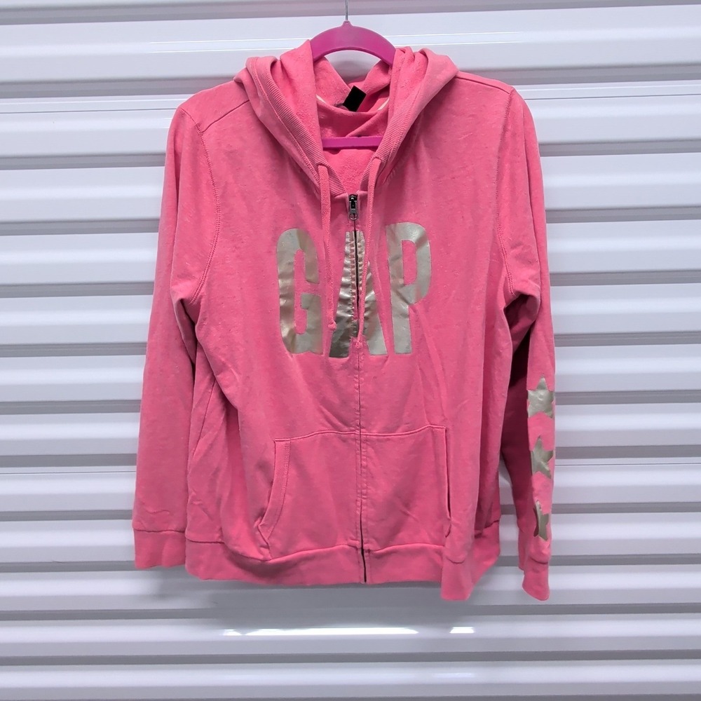 Gap Hoodie Size XL Pink Silver Metallic Logo Stars Full Zip Sweatshirt Womens